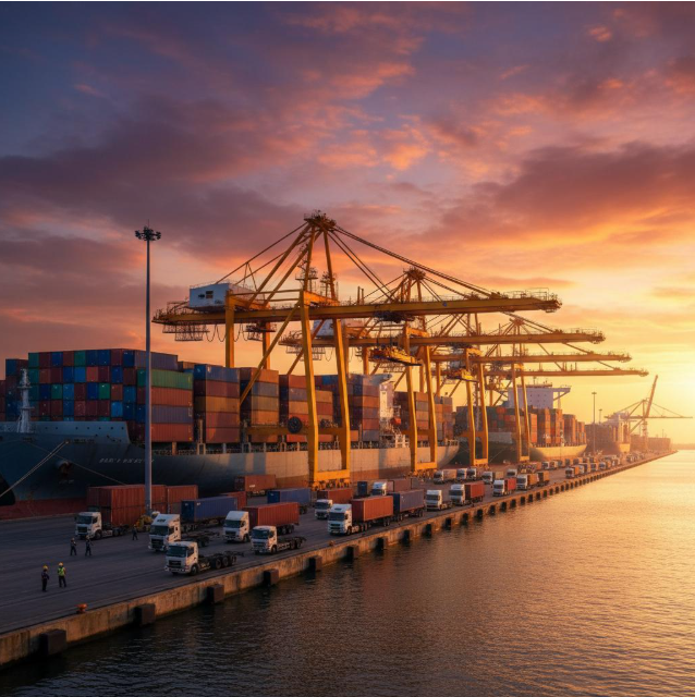 Các phương thức vận tải đa dạng hợp nhất tại cảng, tạo nên dòng chảy hàng hóa không ngừng nghỉ.